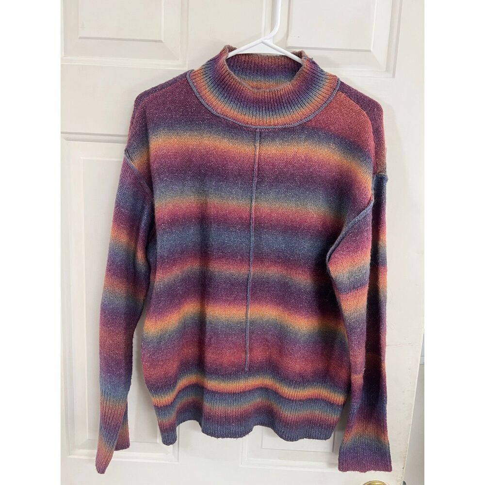 Beach Lunch Lounge Rainbow Ombre Knit Sweater Striped Mock Neck Wool Blend L